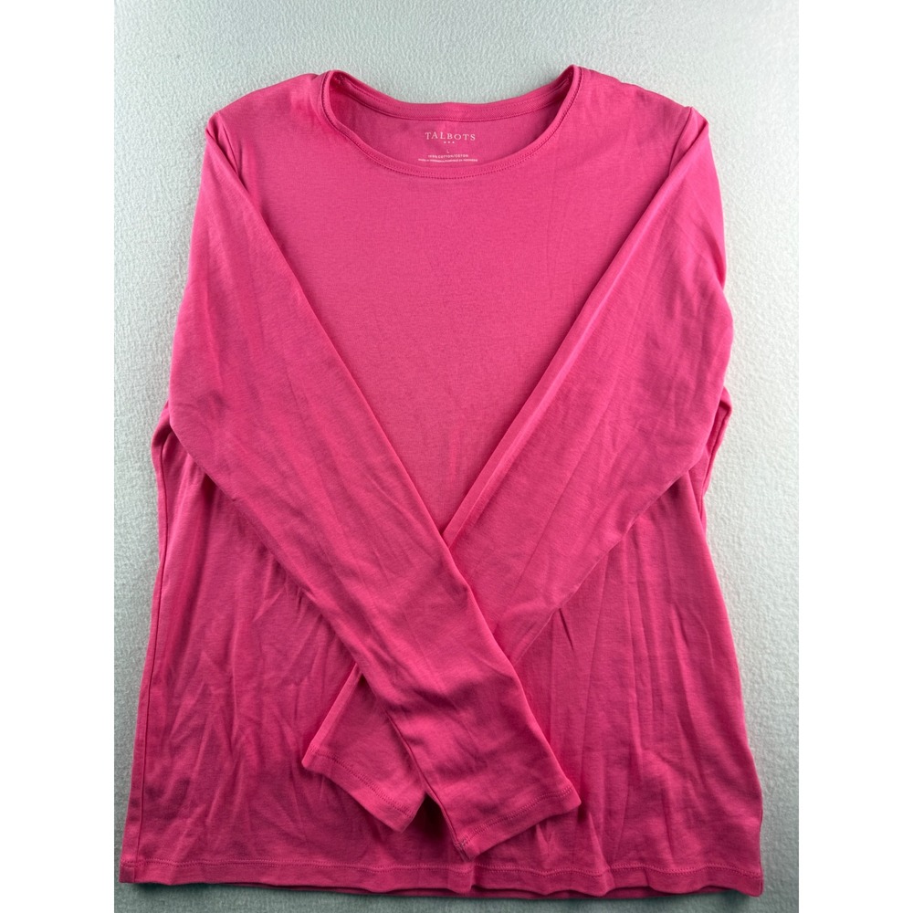 Talbots Womens Pink Long Sleeve 100% Cotton Crew Neck Tee Shirt Size Large